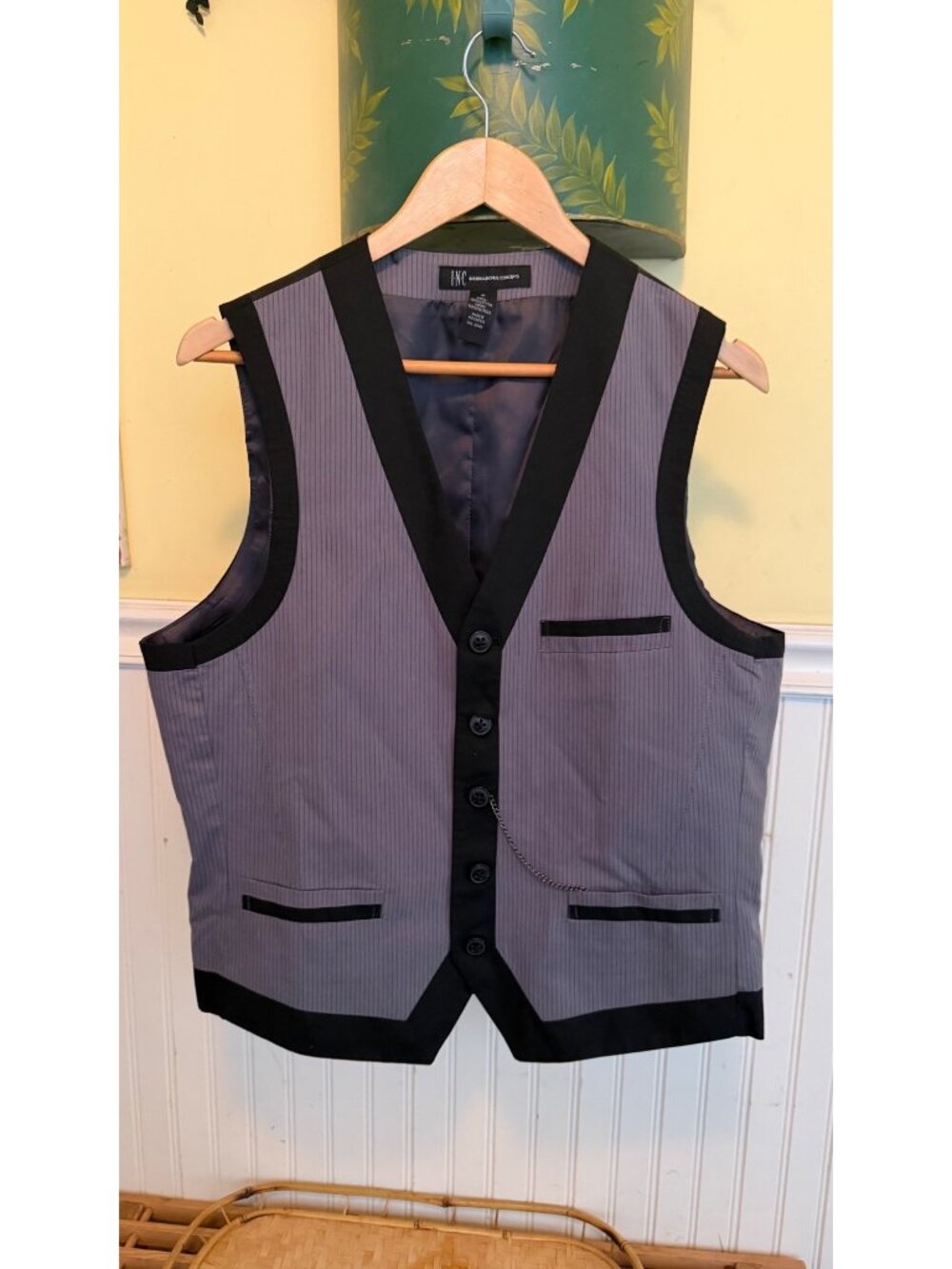 INC Mens Pinstripe Suit Vest With Black Trim Medium Cotton & Polyester Blend